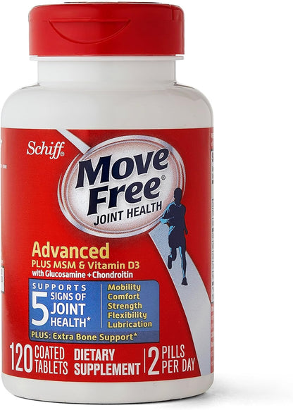 Move Free Advanced Glucosamine Chondroitin MSM + Vitamin D3 Joint Support Supplement, Supports Mobility Comfort Strength Flexibility & Bone + Immune Health - 120 Tablets (60 Servings)*