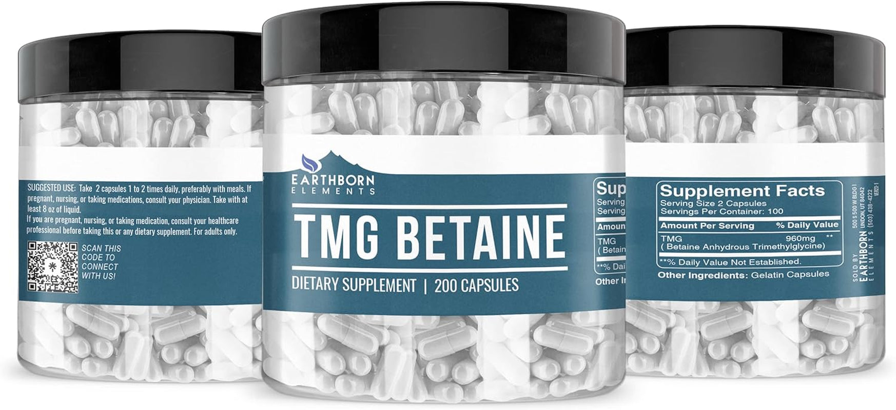 Earthborn Elements TMG Betaine Anhydrous Trimethylglycine 200 Capsules, Pure & Undiluted, No Additives