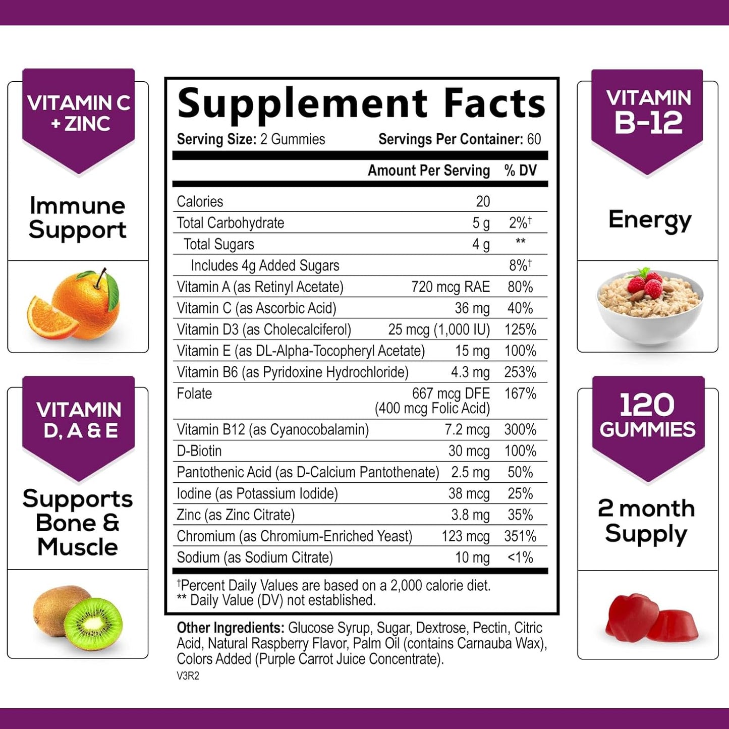 Multivitamin Gummies, Extra Strength Daily Multi Vitamin Gummy for Women & Men with Vitamins A, C, D, E, B6, B12, Zinc & Antioxidants Supplement for Immune Health Support, Non-Gmo