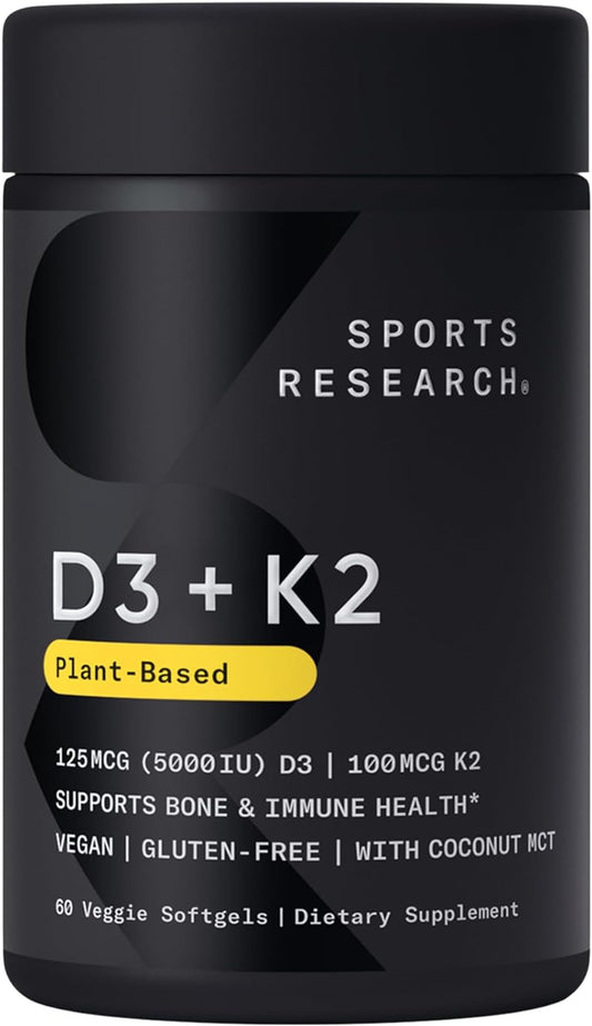 Sports Research Vitamin D3 K2 with Coconut Oil | Plant Based Vitamin K2 MK7 + Vegan D3 5000Iu | Vegan Certified, Soy & Gluten Free - 60 Count Softgels