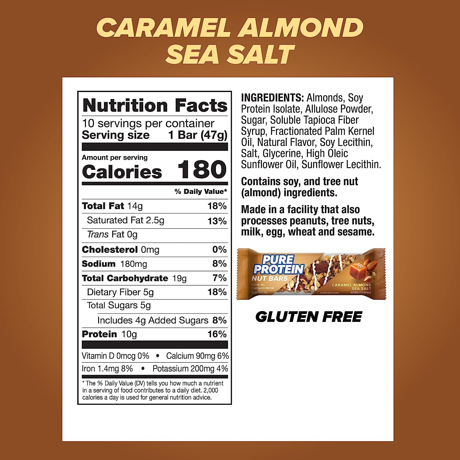 Caramel Almond Sea Salt Protein Nut Bars - Gluten Free, Low Sugar, 10 Pack