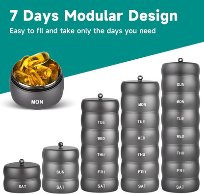 Metal Pill Organizer, Travel Pill Organizer 7 Days, Portable Medicine Organizer Pill Box, Aluminum Material, Sturdy and Waterproof. Daily Pill Box Can Hold Vitamins, Fish Oil, Pills, Supplements.Grey