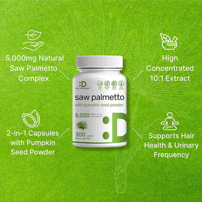 Saw Palmetto Supplement 5000Mg with Pumpkin Seed, 300 Capsules | Promotes Prostate Health | DHT Blocker | Hair Growth Vitamins, Maintain Normal Urinary Frequency