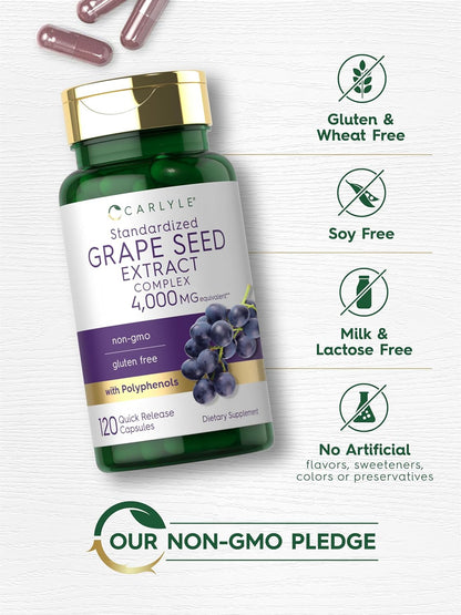 Carlyle Grape Seed Extract 4,000Mg | 120 Quick Release Capsules | Standardized Extract Complex with Polyphenols | Non-Gmo, Gluten Free Supplement