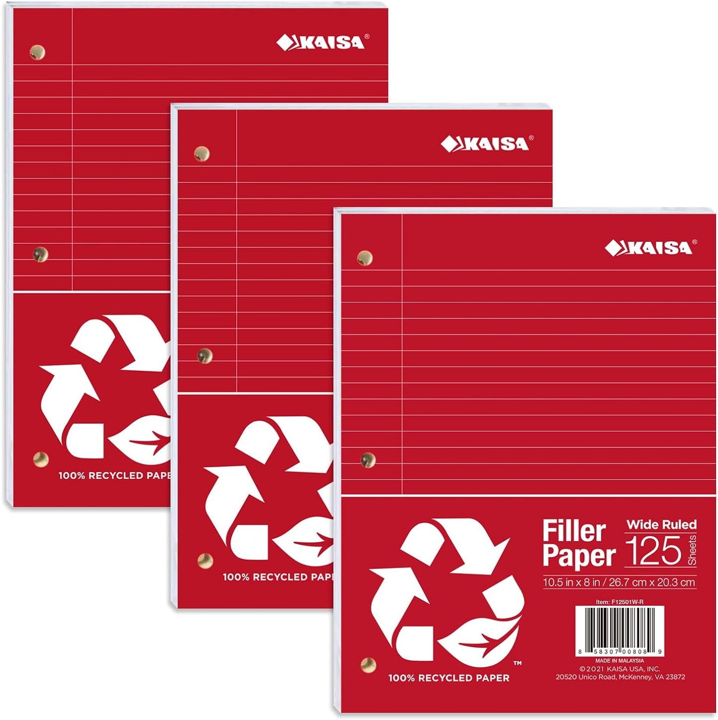 Kaisa Loose Leaf Paper Filler Paper 8X10.5 Inches, College Ruled, 3-Hole Punched for 3-Ring Binder, 150 Sheets/Pack (3 Pack) F15001C