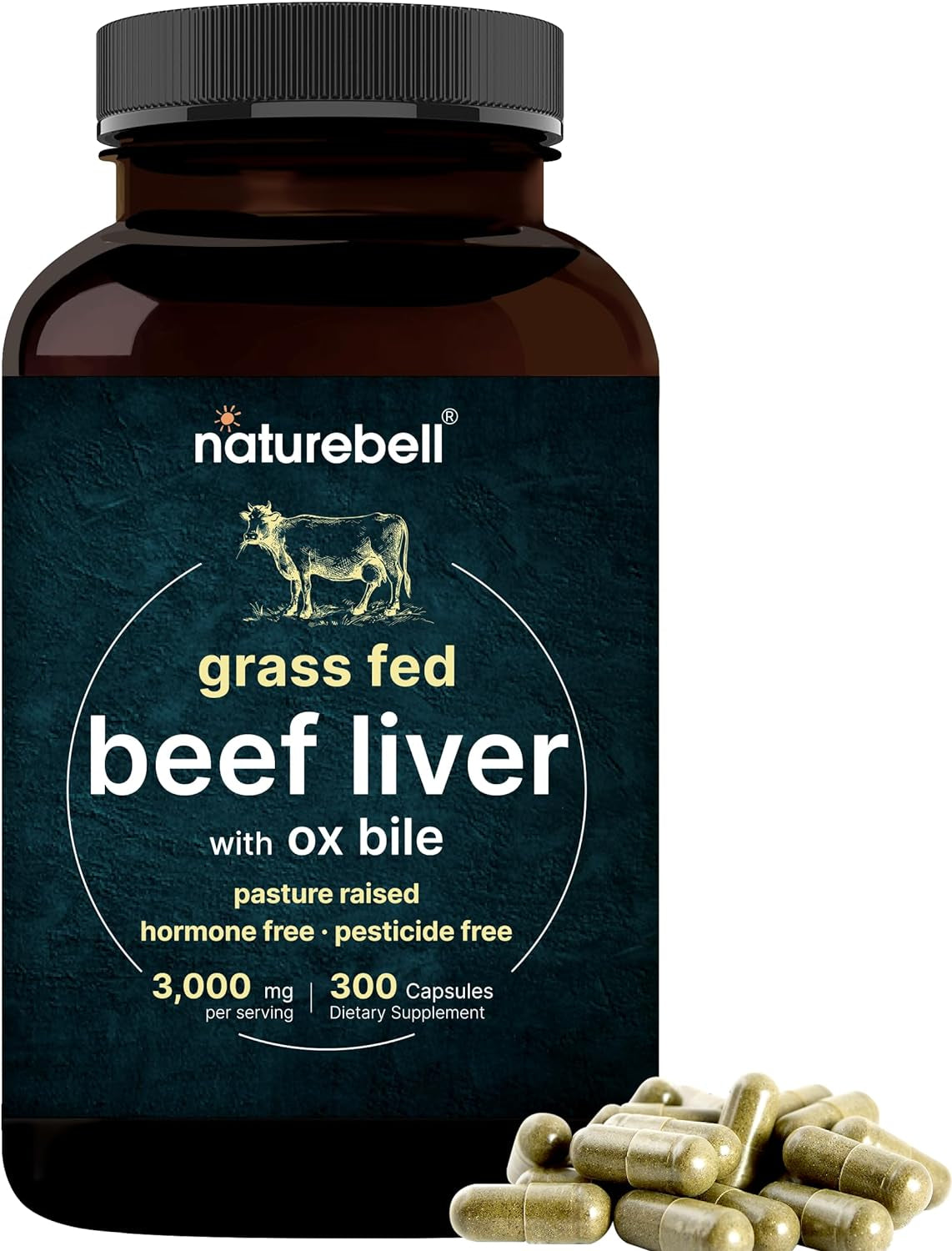 Grass Fed Beef Liver Capsules with Ox Bile, 3000Mg per Serving 300 Count | Natural Iron,