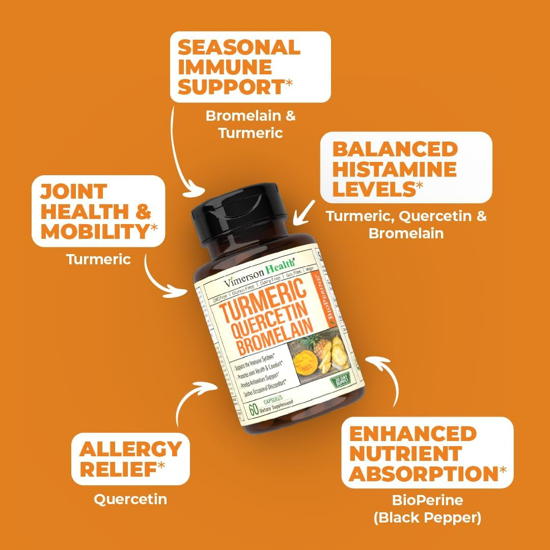 Quercetin with Bromelain & Turmeric Curcumin - Bromelain Supplement with Black Pepper. Immune & Joint Support Supplement - Bioperine & 700Mg Organic Tumeric for Allergy & Inflammation Balance. 60 Caps