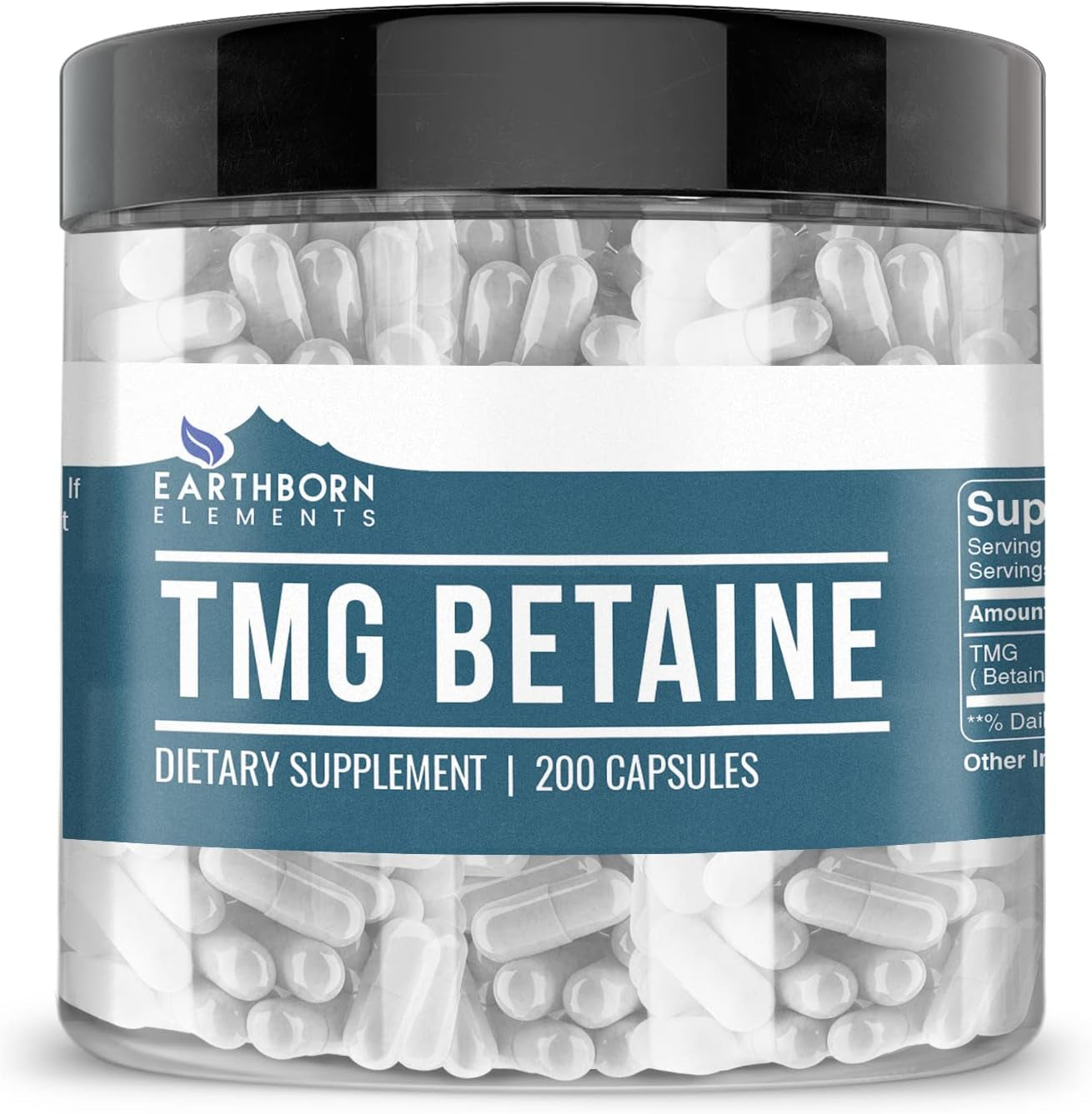 Earthborn Elements TMG Betaine Anhydrous Trimethylglycine 200 Capsules, Pure & Undiluted, No Additives