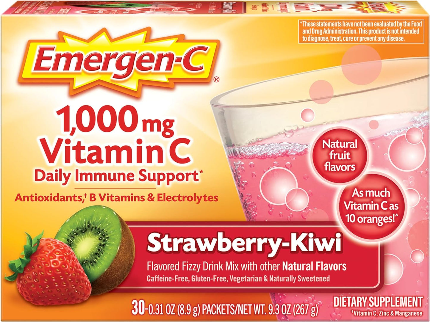 Emergen-C 1000Mg Vitamin C Powder, with Antioxidants, B Vitamins and Electrolytes, Vitamin C Supplements for Immune Support, Caffeine Free Fizzy Drink Mix, Tangerine Flavor