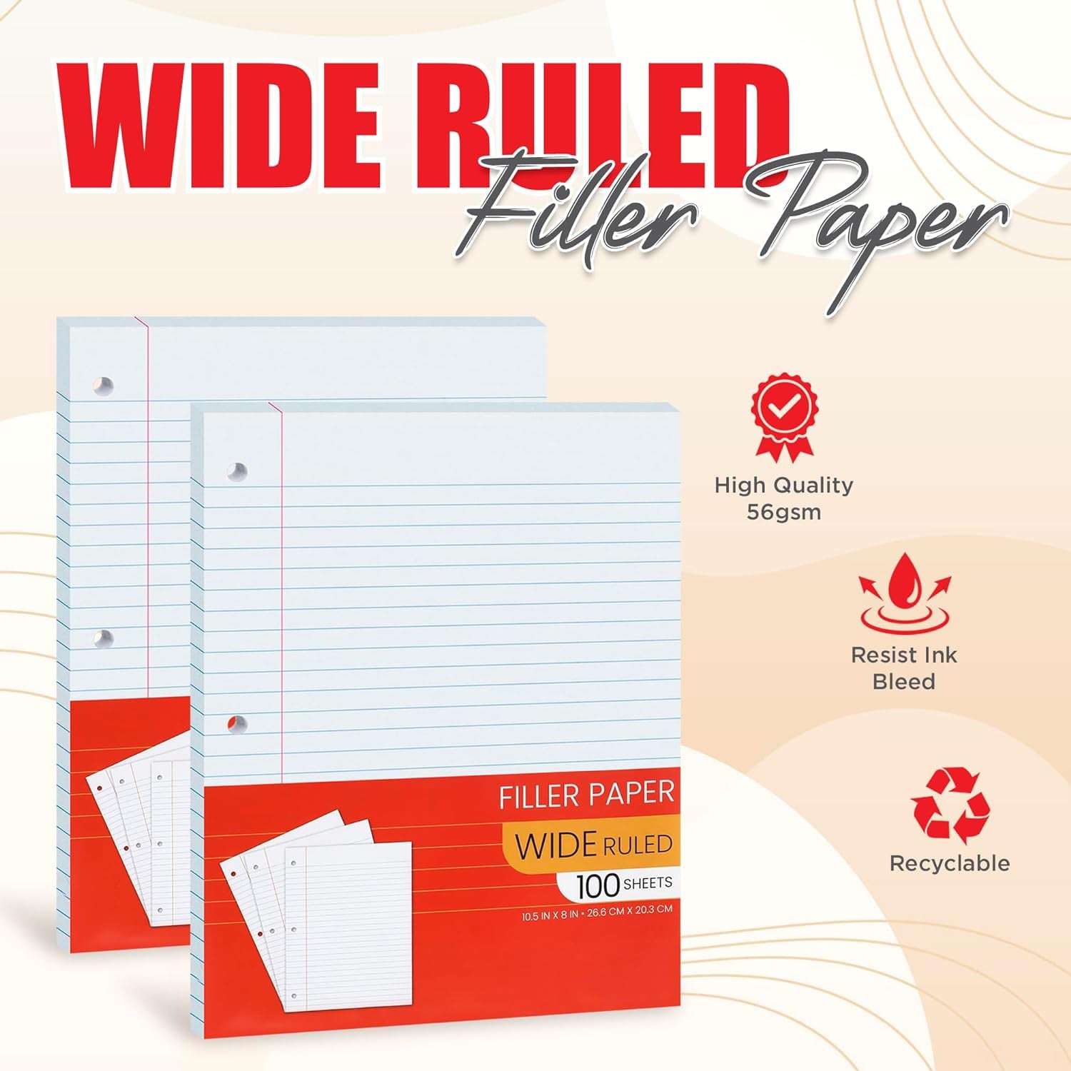 Notebook Paper Wide Ruled, Loose Leaf Paper Wide Ruled Notebook Paper Bulk, Lined Filler Paper for 3 Ring Binders - 10.5” X 8", for Student, College, School Classroom - 100 Sheets/Pack (2 Pack)