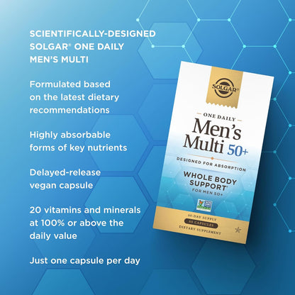 Solgar One Daily Men's Multi 50+ Whole Body Support for Men 50 and Older Highly Absorbable Delayed Release Heart, Energy, Stress, Muscle, Bone, Prostate Support Vitamin 60 Vegan Capsules, 60 Servings