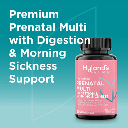 Hyland's Easy Morning Prenatal Multivitamin + Digestive Health & Morning Sickness Relief - 60 Vegan Capsules - with Folate, Choline, Zinc, Ginger Root, Prebiotics and Algae DHA