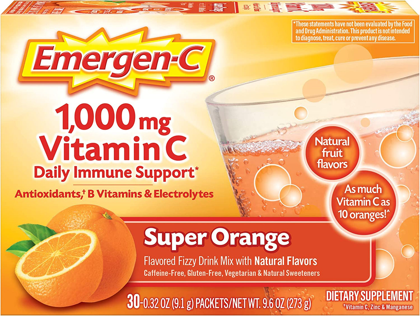 Emergen-C 1000Mg Vitamin C Powder, with Antioxidants, B Vitamins and Electrolytes, Vitamin C Supplements for Immune Support, Caffeine Free Fizzy Drink Mix, Tangerine Flavor