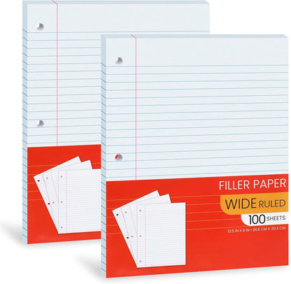 Notebook Paper Wide Ruled, Loose Leaf Paper Wide Ruled Notebook Paper Bulk, Lined Filler Paper for 3 Ring Binders - 10.5” X 8", for Student, College, School Classroom - 100 Sheets/Pack (2 Pack)