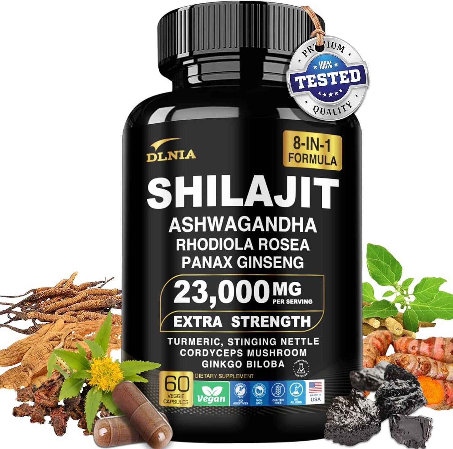 8-In-1 Shilajit Pure Himalayan Organic Supplement 9000MG with Rhodiola Rosea 1000MG, Ashwagandha 2000MG, Ginseng, Gingko Biloba, Turmeric, Cordyceps Mushroom, Stinging Nettle for Full Body Power