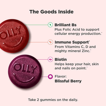 OLLY Women's Multivitamin Gummy, Overall Health and Immune Support, Vitamins A, D, C, E, Biotin, Folic Acid, Adult Chewable Vitamin, Berry