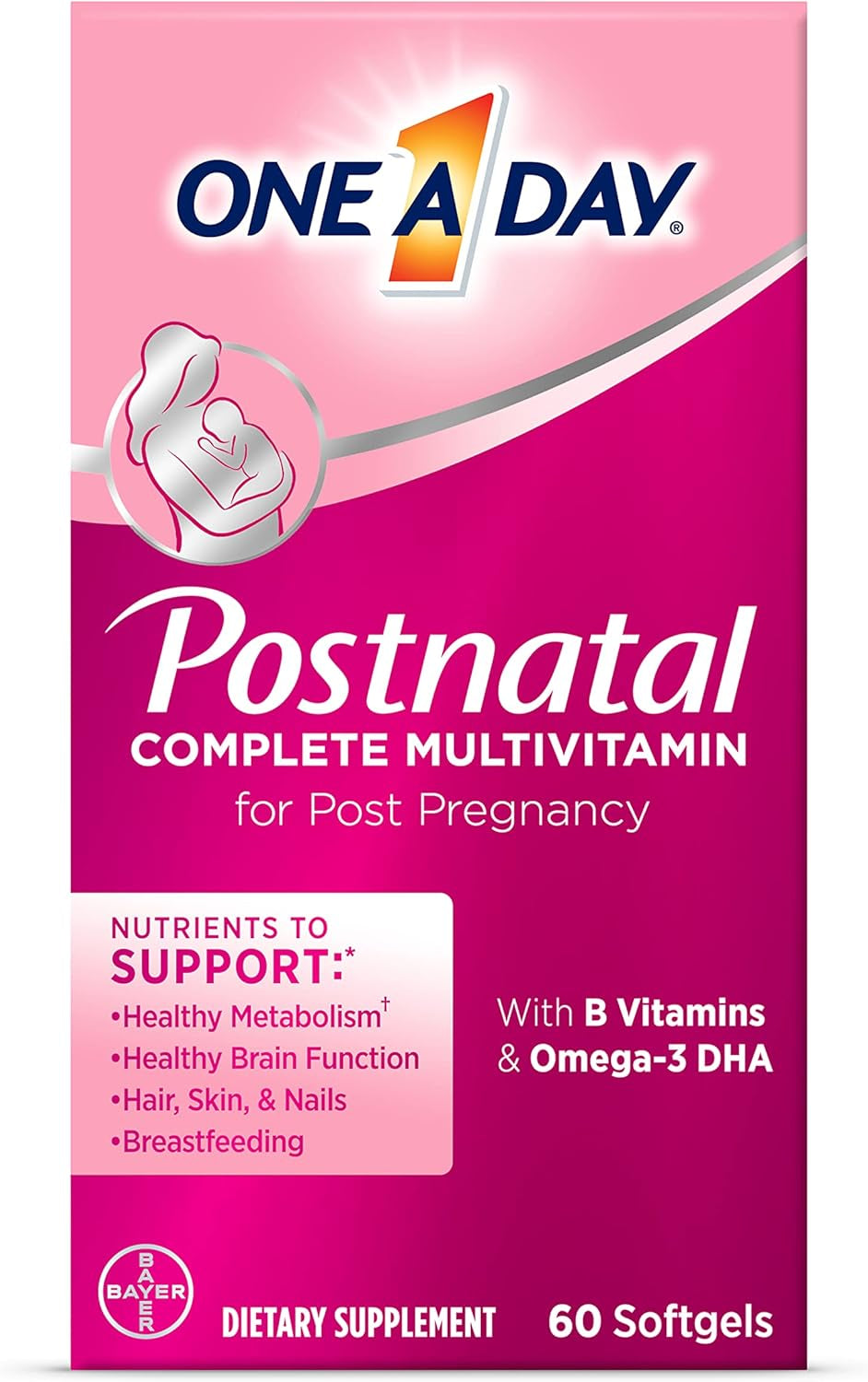 ONE a DAY Postnatal Complete Multivitamin for Post-Pregnancy with Folic Acid and Omega-3 DHA, 60 Count (Packaging May Vary)