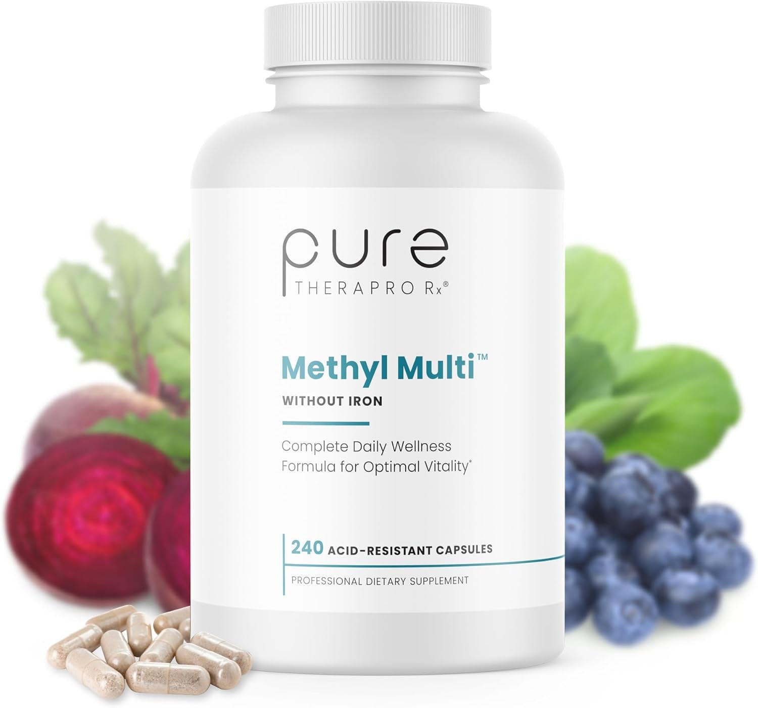 Methyl Multi without Iron - 240 Vegan Capsules - Vitamins & Minerals + Methyl B12 & Methylfolate as Quatrefolic (5-MTHF), Ultra Pure Multivitamin & Multimineral Supplement Supports Energy & Vitality