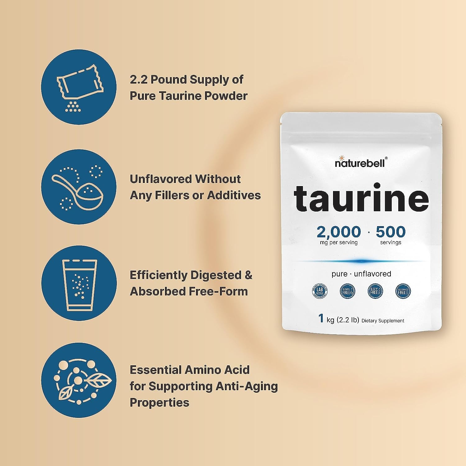 Naturebell Pure Taurine Powder, 2.2LBS(1KG), 2000Mg per Serving| L-Taurine Supplement, Essential Amino Acids, Bioavailable Free Form|Heart Health Supplement, Gluten-Free, Pet Friendly