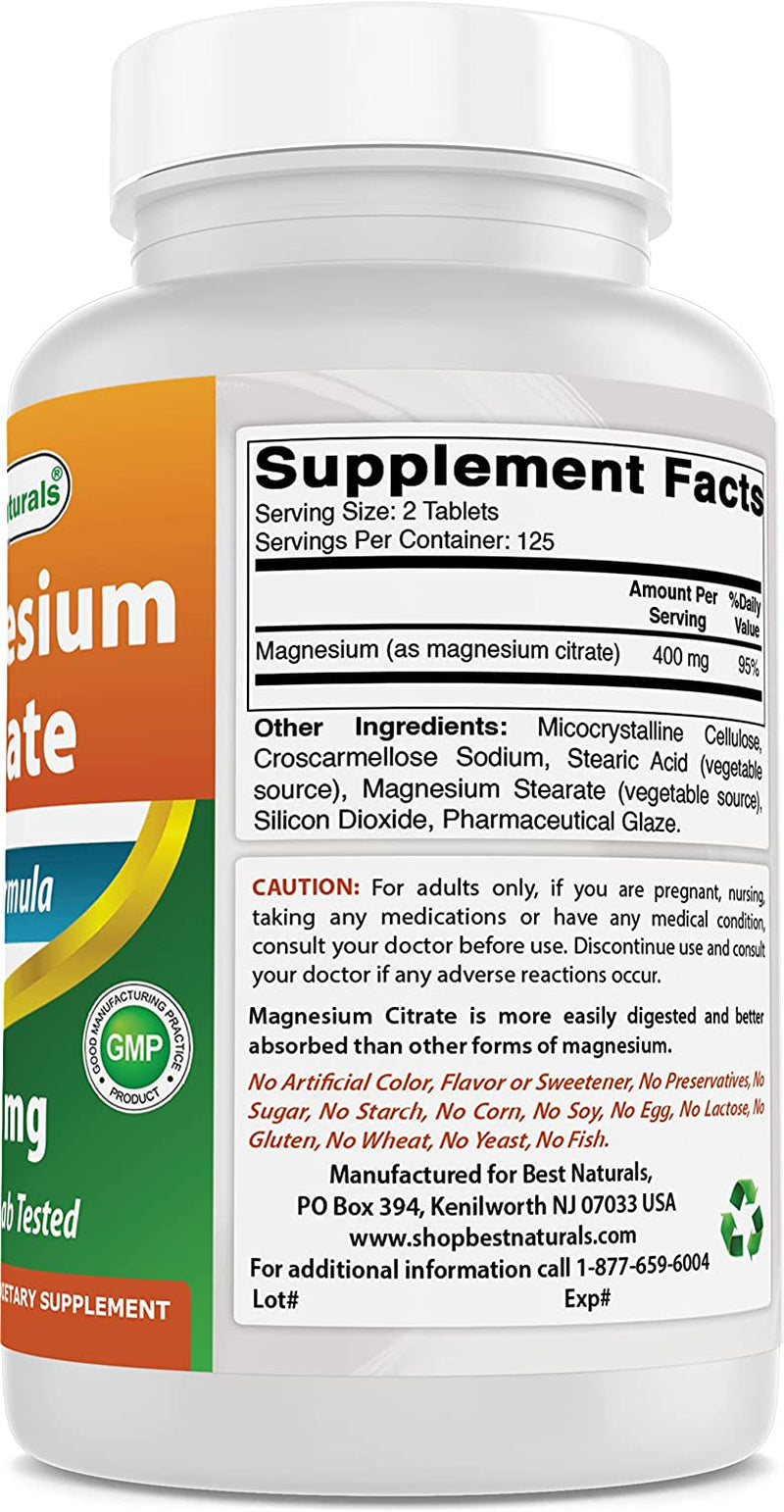 Best Naturals Magnesium Citrate (Citrato De Magnesio) 400Mg 250 Tablets (400 Mg of Elemental Magnesium per 2 Tablets)