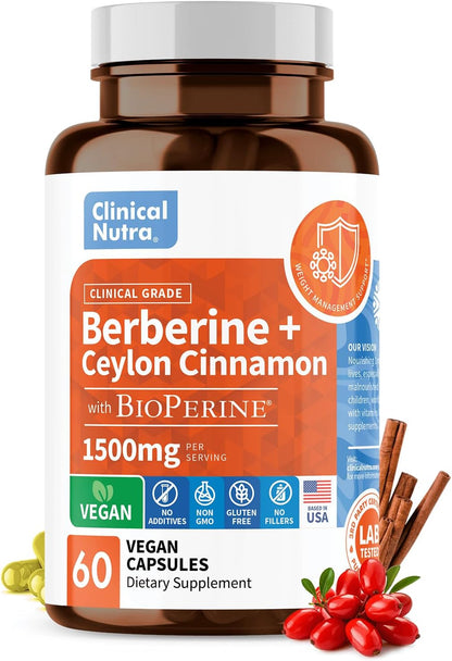 Berberine Supplement 1500Mg HCL plus Ceylon Cinnamon - 4X Strength with Bioperine