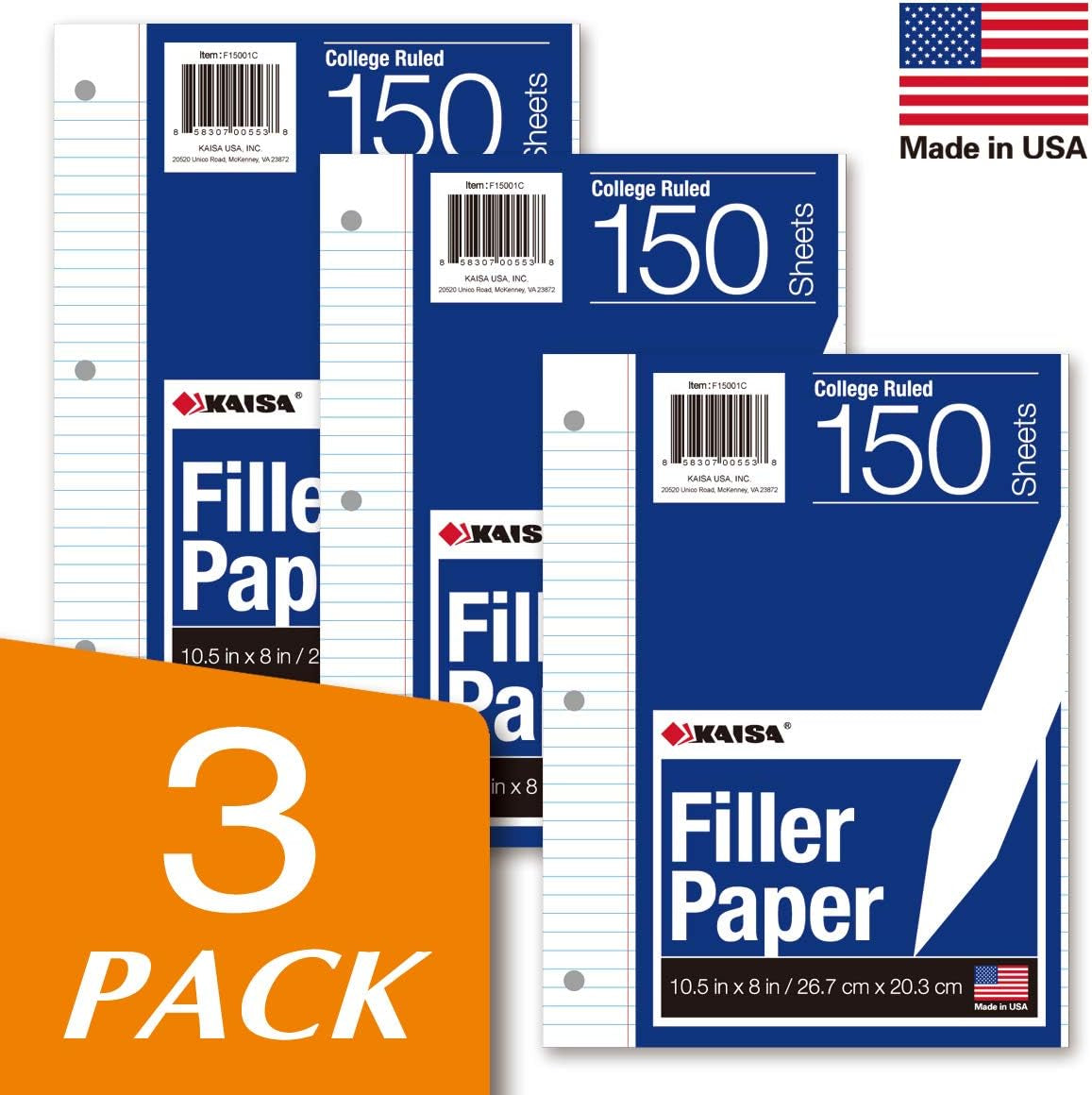 Kaisa Loose Leaf Paper Filler Paper 8X10.5 Inches, College Ruled, 3-Hole Punched for 3-Ring Binder, 150 Sheets/Pack (3 Pack) F15001C