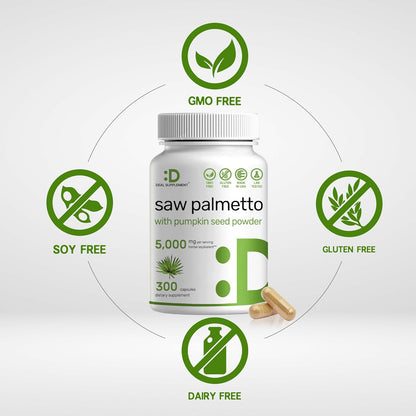 Saw Palmetto Supplement 5000Mg with Pumpkin Seed, 300 Capsules | Promotes Prostate Health | DHT Blocker | Hair Growth Vitamins, Maintain Normal Urinary Frequency