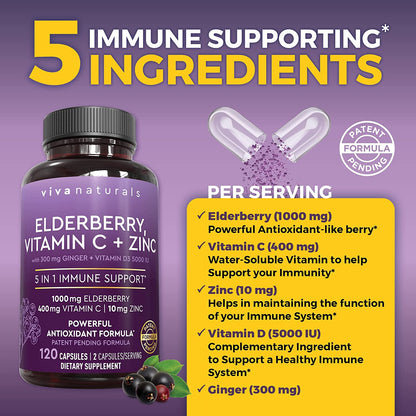 Viva Naturals Elderberry with Vitamin C and Zinc for Adults - 5 in 1 Sambucus Black Elderberry Capsules with Vitamin D3 5000 IU, Elderberries Immune Support Supplement 2 Months Supply Pills