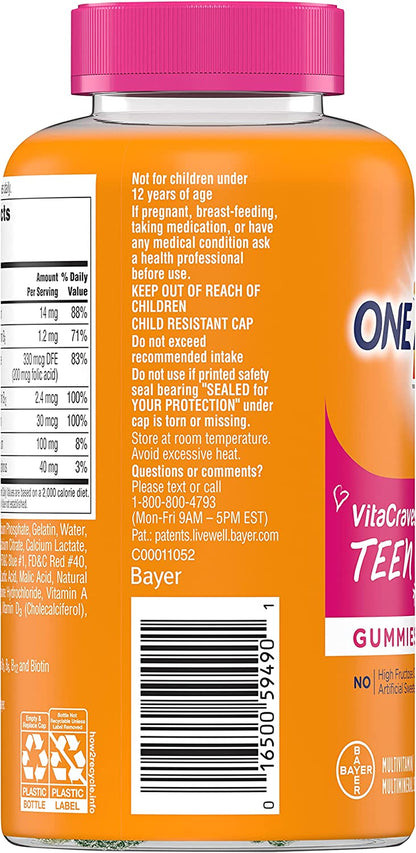 One a Day Teen for Her Multivitamin Gummies, Gummy Multivitamins with Vitamin A, C, D, E and Zinc for Immune Health Support, Physical Energy & More, 150 Count