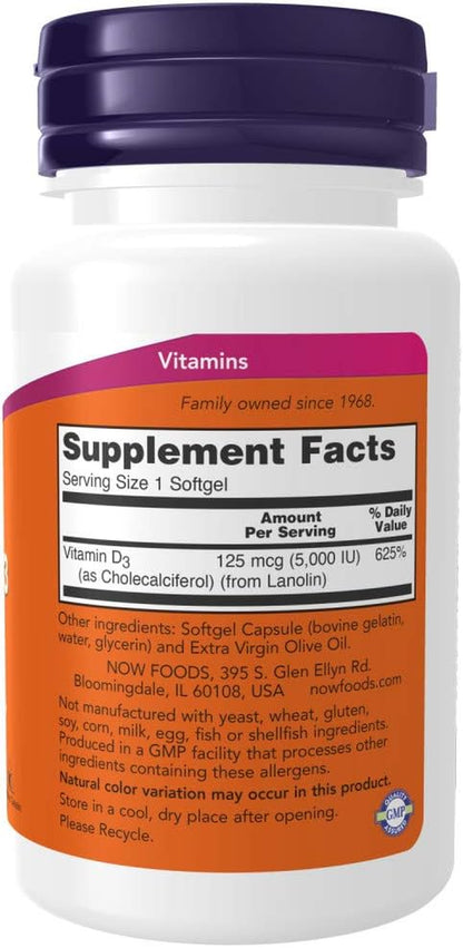 NOW Supplements, Vitamin D-3 5,000 IU, High Potency, Structural Support*, 120 Softgels