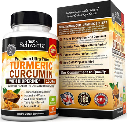 Turmeric Curcumin with Black Pepper Extract 1500Mg - High Absorption Ultra Potent Turmeric Supplement with 95% Curcuminoids and Bioperine - Non GMO Turmeric Capsules for Joint Support - 90 Capsules