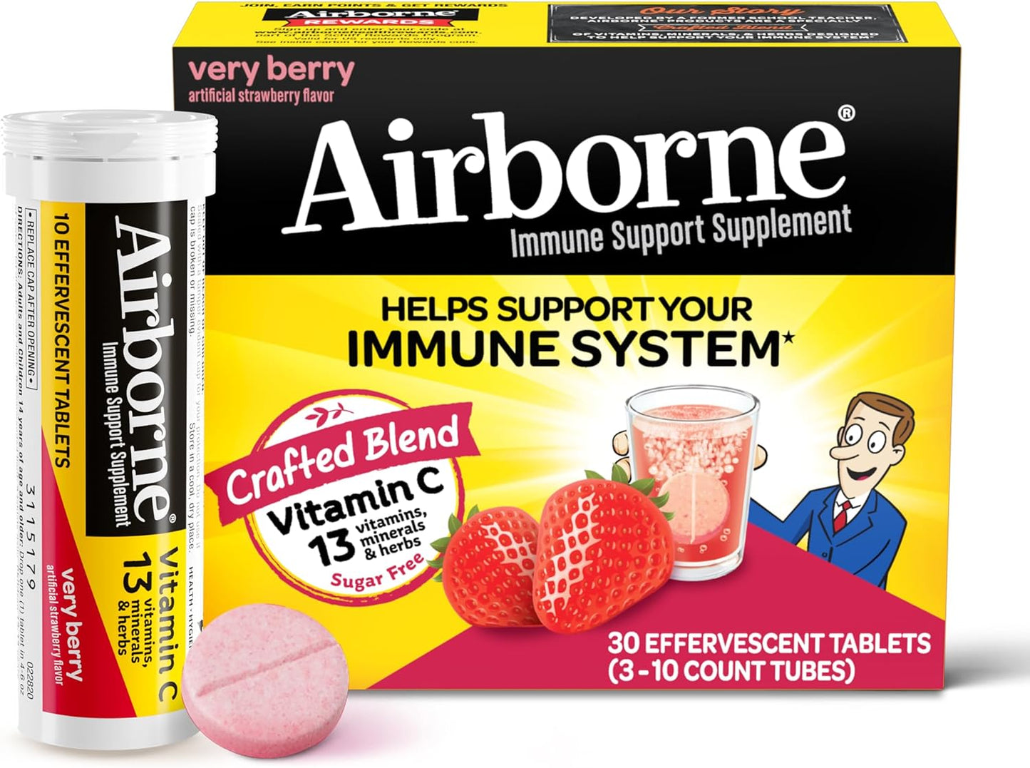 Airborne 1000Mg Vitamin C with Zinc, SUGAR FREE Effervescent Tablets, Immune Support Supplement with Powerful Antioxidants Vitamins a C & E - 30 Fizzy Drink Tablets, Zesty Orange Flavor