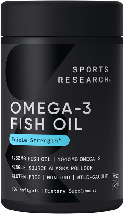 Sports Research Triple Strength Omega 3 Fish Oil - Burpless Fish Oil Supplement W/Epa & DHA Fatty Acids from Single-Source Wild Alaska Pollock - 1250 Mg, 90 Ct