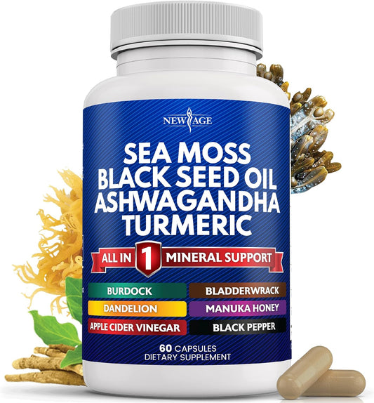 Silica Sea Moss 3000Mg Black Seed Oil 2000Mg Ashwagandha 1000Mg Turmeric 1000Mg Bladderwrack 1000Mg Burdock 1000Mg- with Manuka, Honey Dandelion, ACV Black Pepper Gluten Free