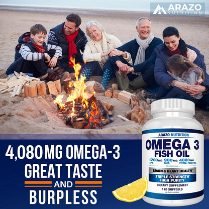 Arazo Nutrition Wild Caught Omega 3 Fish Oil – 120 Soft Gels – 4,080Mg High EPA 1200Mg DHA 900Mg Lemon Flavor Burpless Softgels