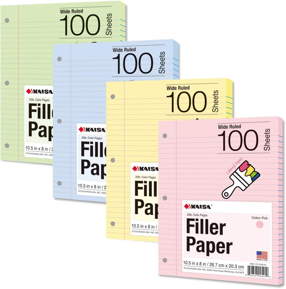 Kaisa Loose Leaf Paper Filler Paper 8X10.5 Inches, College Ruled, 3-Hole Punched for 3-Ring Binder, 150 Sheets/Pack (3 Pack) F15001C