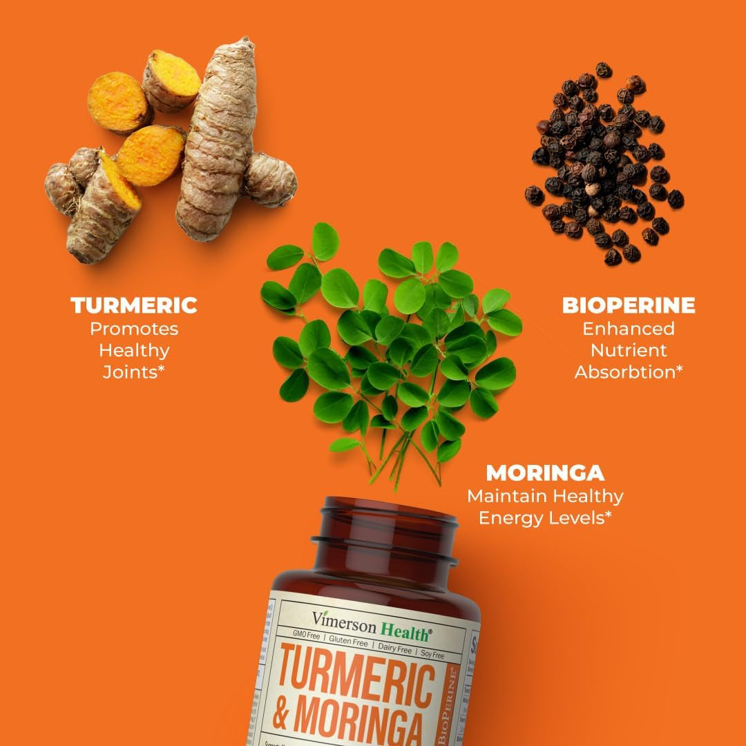 Turmeric Curcumin & Moringa Leaves Extract with Black Pepper. Joint Support Supplement with Tumeric (95% Curcuminoids), Bioperine & Moringa Oleifera Leaf for Joints, Digestion & Energy. 60 Capsules